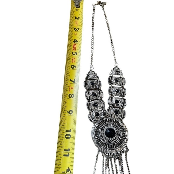 Boho Tribal Silver & Black Tassel Statement Necklace - Picture 5 of 9